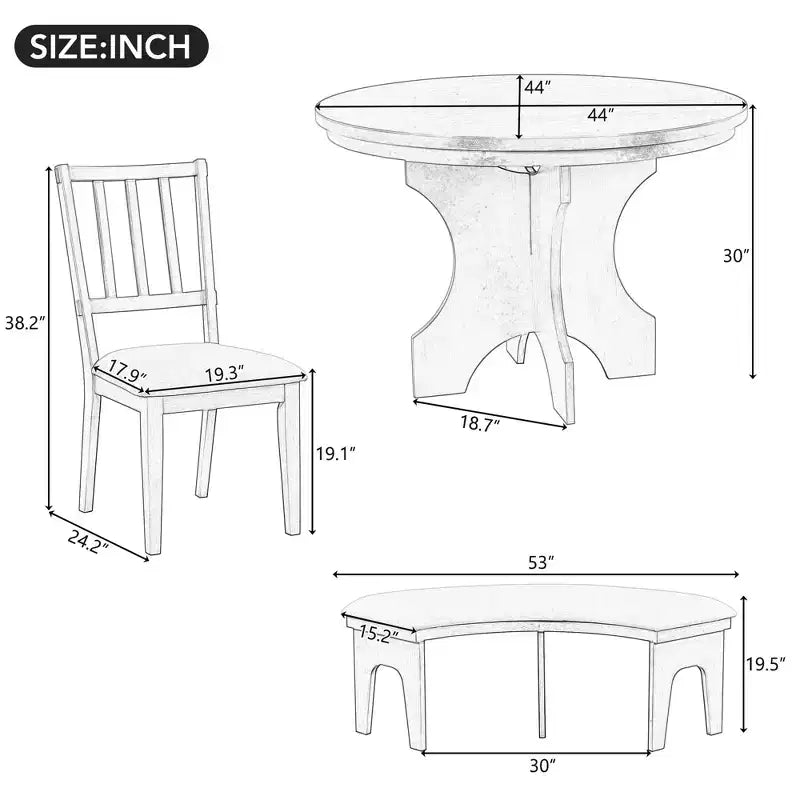 Set da pranzo rotondo da 5 pezzi stile rustico con 3 sedie imbottite e panca curva per sala da pranzo, cucina