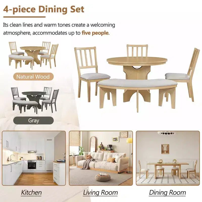 Set da pranzo rotondo da 5 pezzi stile rustico con 3 sedie imbottite e panca curva per sala da pranzo, cucina