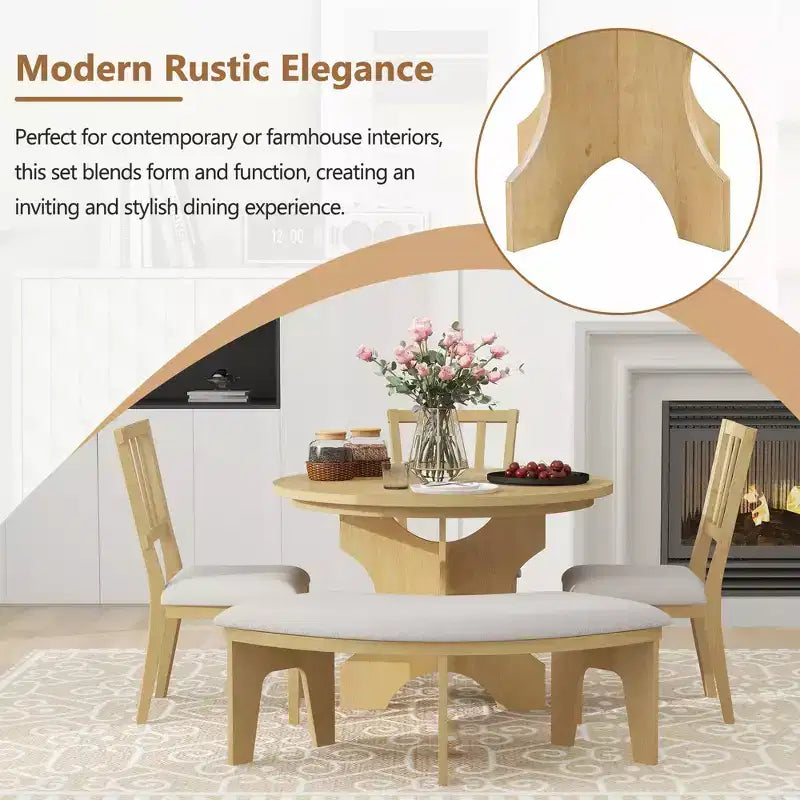 Set da pranzo rotondo da 5 pezzi stile rustico con 3 sedie imbottite e panca curva per sala da pranzo, cucina