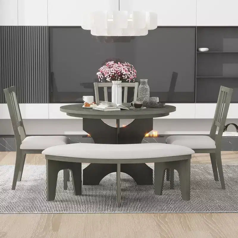 Set da pranzo rotondo da 5 pezzi stile rustico con 3 sedie imbottite e panca curva per sala da pranzo, cucina
