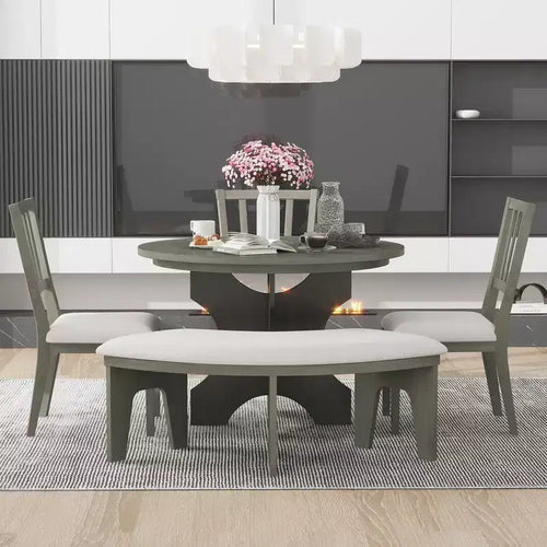 Set da pranzo rotondo da 5 pezzi stile rustico con 3 sedie imbottite e panca curva per sala da pranzo, cucina
