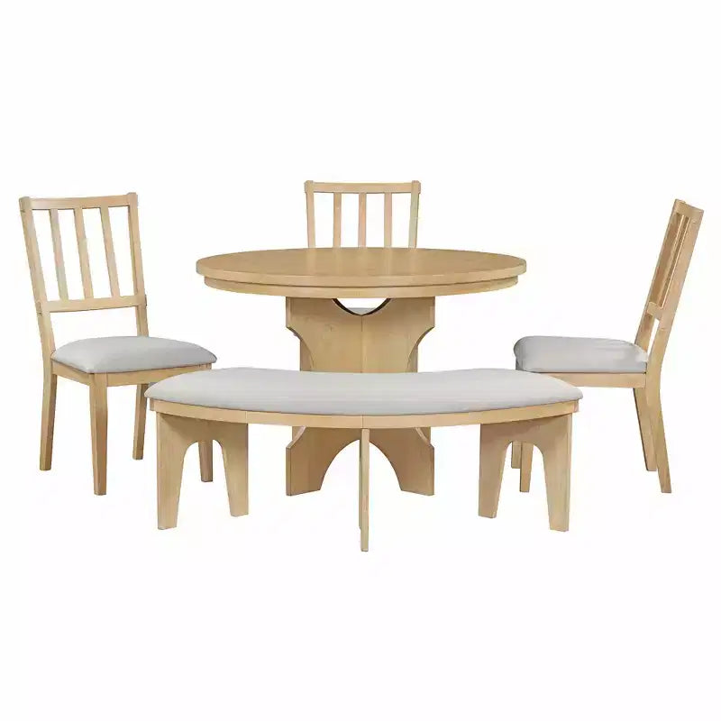 Set da pranzo rotondo da 5 pezzi stile rustico con 3 sedie imbottite e panca curva per sala da pranzo, cucina