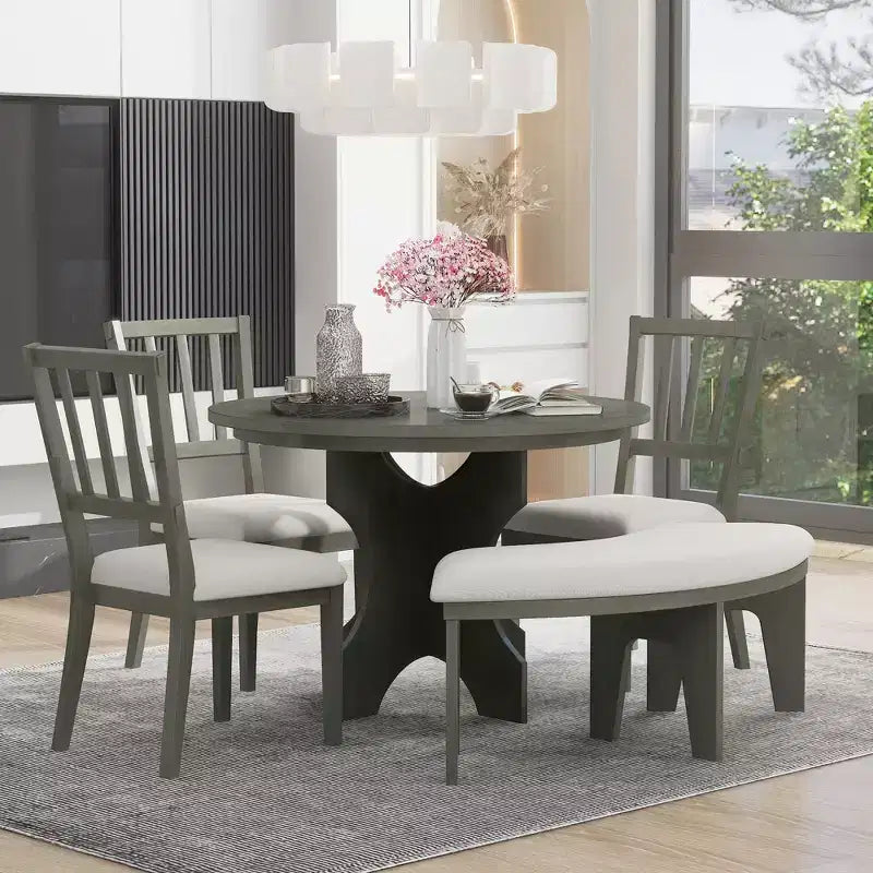 Set da pranzo rotondo da 5 pezzi stile rustico con 3 sedie imbottite e panca curva per sala da pranzo, cucina