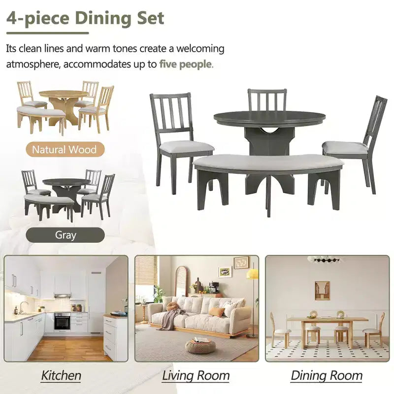 Set da pranzo rotondo da 5 pezzi stile rustico con 3 sedie imbottite e panca curva per sala da pranzo, cucina