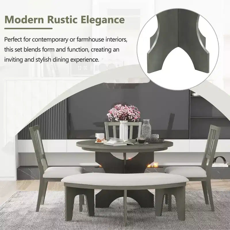 Set da pranzo rotondo da 5 pezzi stile rustico con 3 sedie imbottite e panca curva per sala da pranzo, cucina