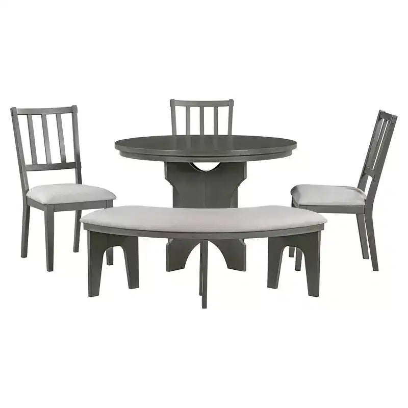 Set da pranzo rotondo da 5 pezzi stile rustico con 3 sedie imbottite e panca curva per sala da pranzo, cucina