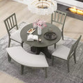 Whisen 5-Piece Rustic Charm Round Dining Set with 3 Upholstered Chairs and Curved Bench for Dining Room, Kitchen