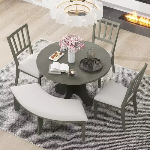 Whisen 5-Piece Rustic Charm Round Dining Set with 3 Upholstered Chairs and Curved Bench for Dining Room, Kitchen