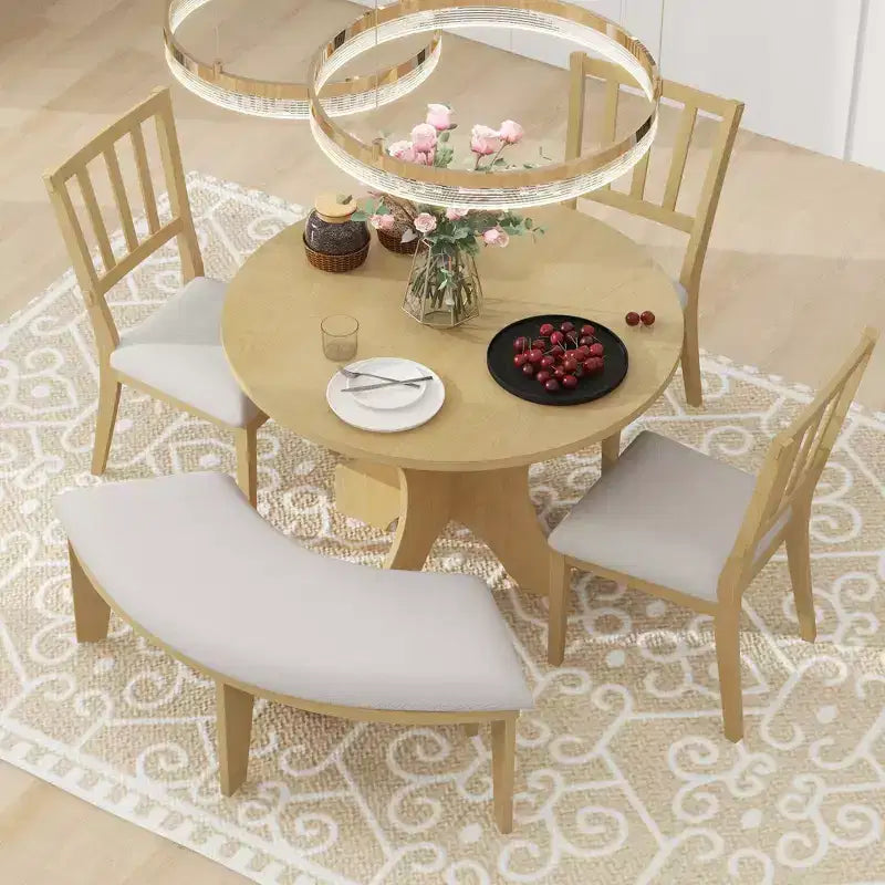 Set da pranzo rotondo da 5 pezzi stile rustico con 3 sedie imbottite e panca curva per sala da pranzo, cucina