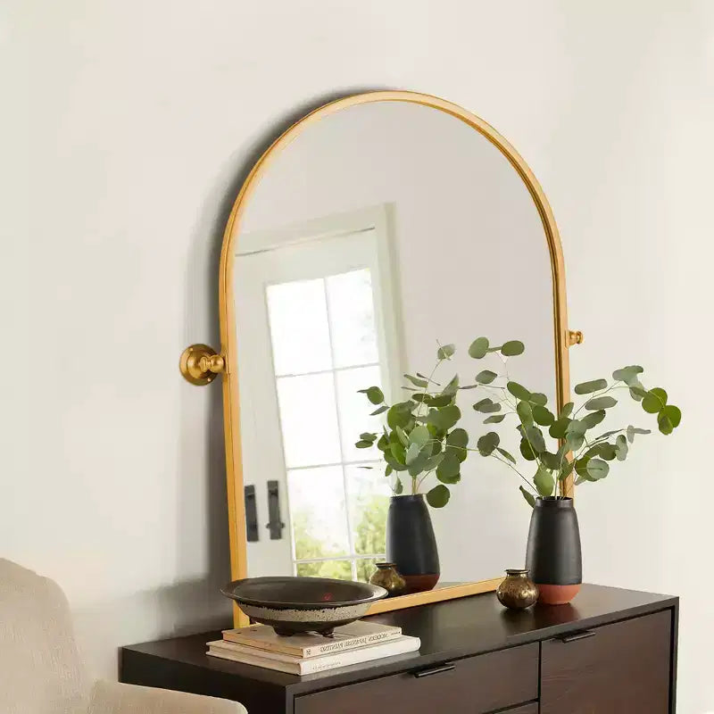 Specchio decorativo da parete ad arco ad angolo retto con cornice in metallo dorato 36 x 24 x 2
