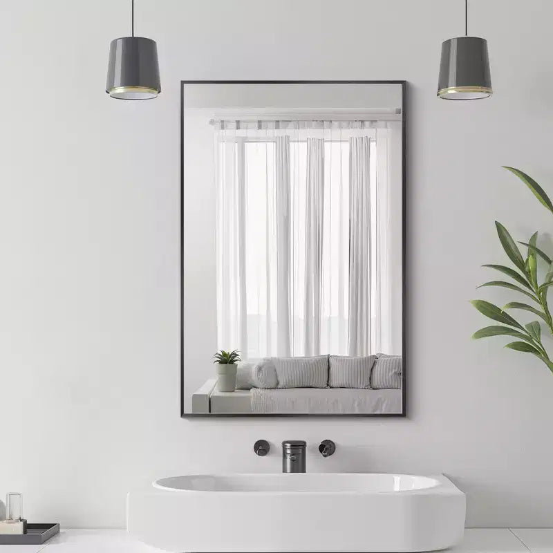 Specchio rettangolare da appendere con bordo sottile in alluminio ad angolo retto, nero, 35,83x24,02x0,59 pollici