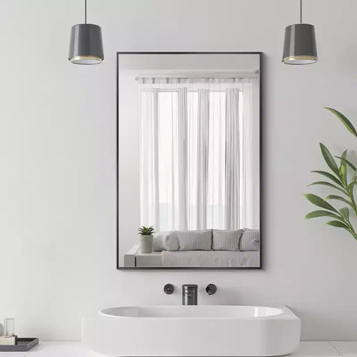Specchio rettangolare da appendere con bordo sottile in alluminio ad angolo retto, nero, 35,83x24,02x0,59 pollici