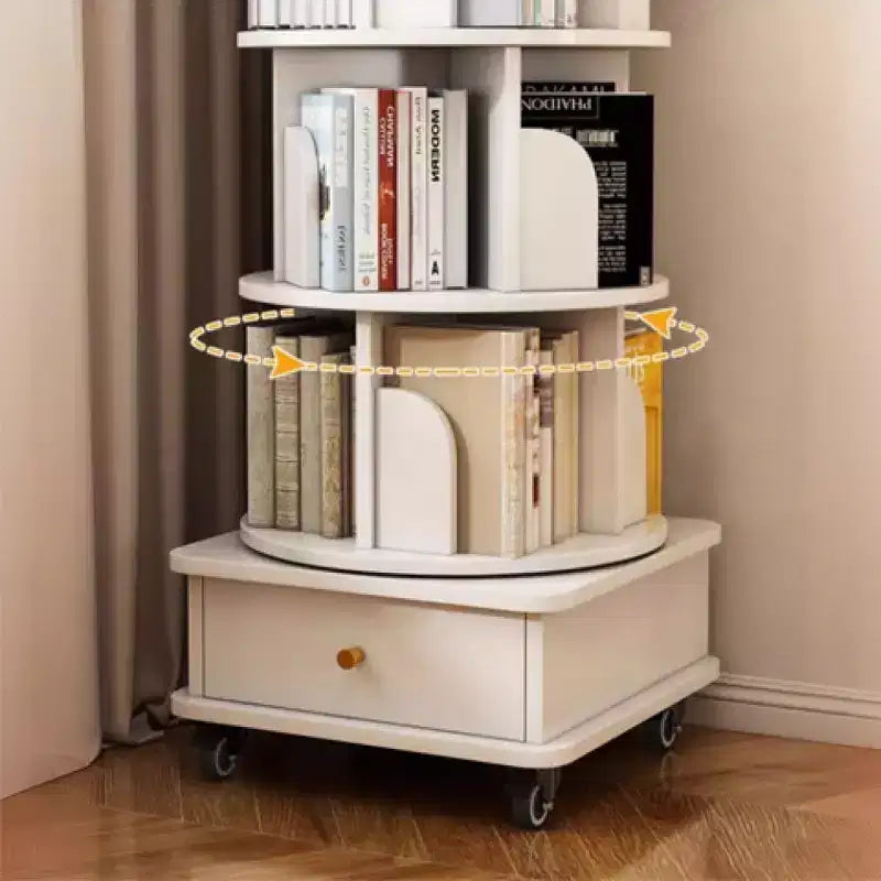 Libreria girevole a 360° a 6 livelli con ruote e cassetto, salvaspazio per camera da letto e ufficio