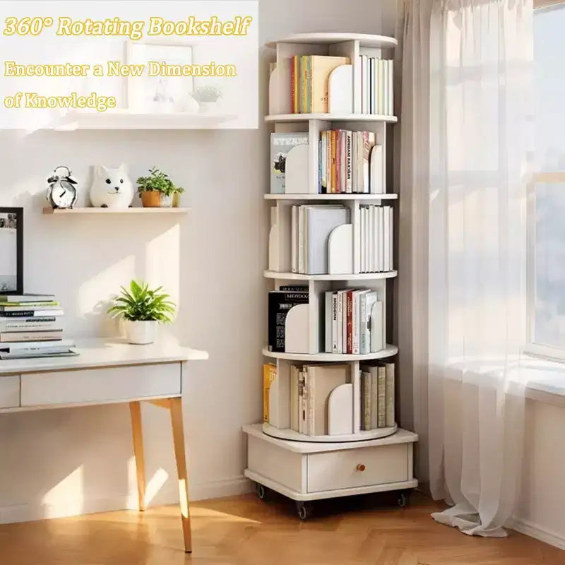 Libreria girevole a 360° a 6 livelli con ruote e cassetto, salvaspazio per camera da letto e ufficio