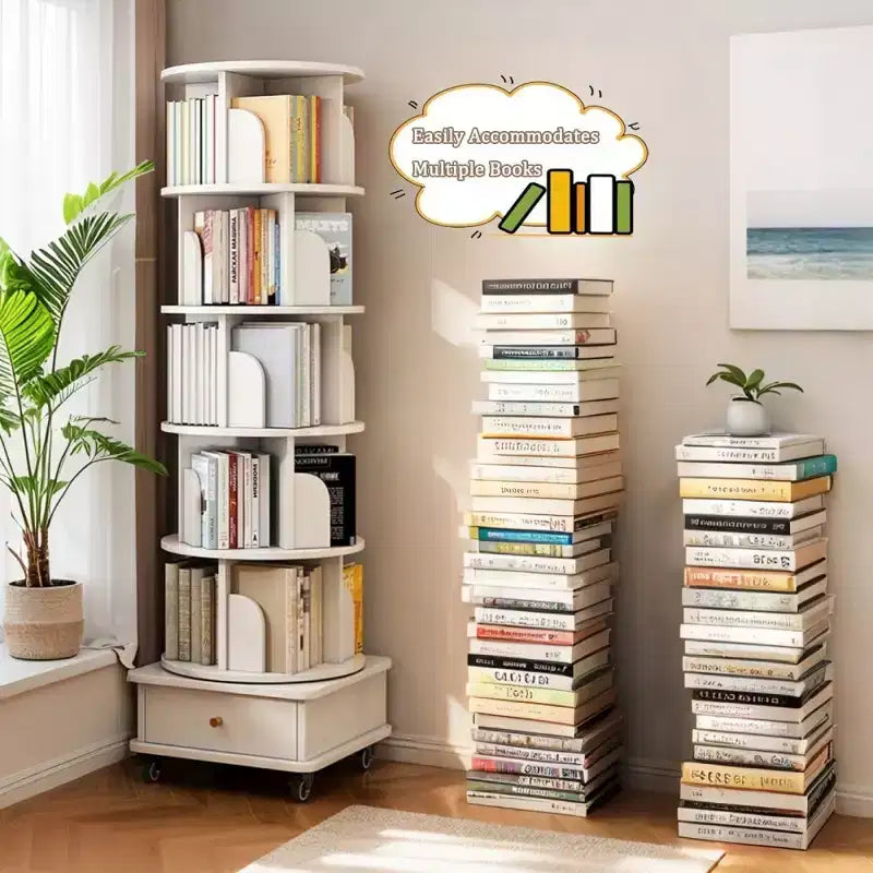 Libreria girevole a 360° a 6 livelli con ruote e cassetto, salvaspazio per camera da letto e ufficio