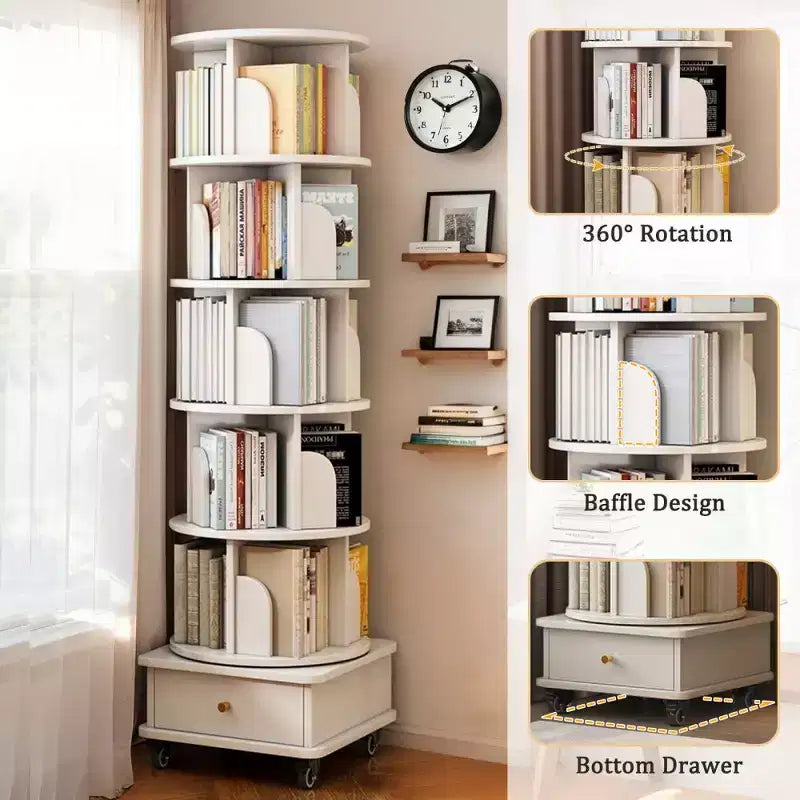 Libreria girevole a 360° a 6 livelli con ruote e cassetto, salvaspazio per camera da letto e ufficio