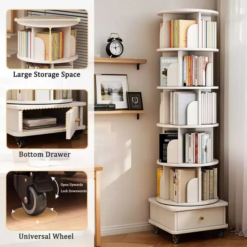 Libreria girevole a 360° a 6 livelli con ruote e cassetto, salvaspazio per camera da letto e ufficio