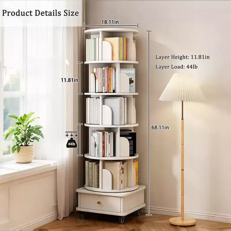 Libreria girevole a 360° a 6 livelli con ruote e cassetto, salvaspazio per camera da letto e ufficio