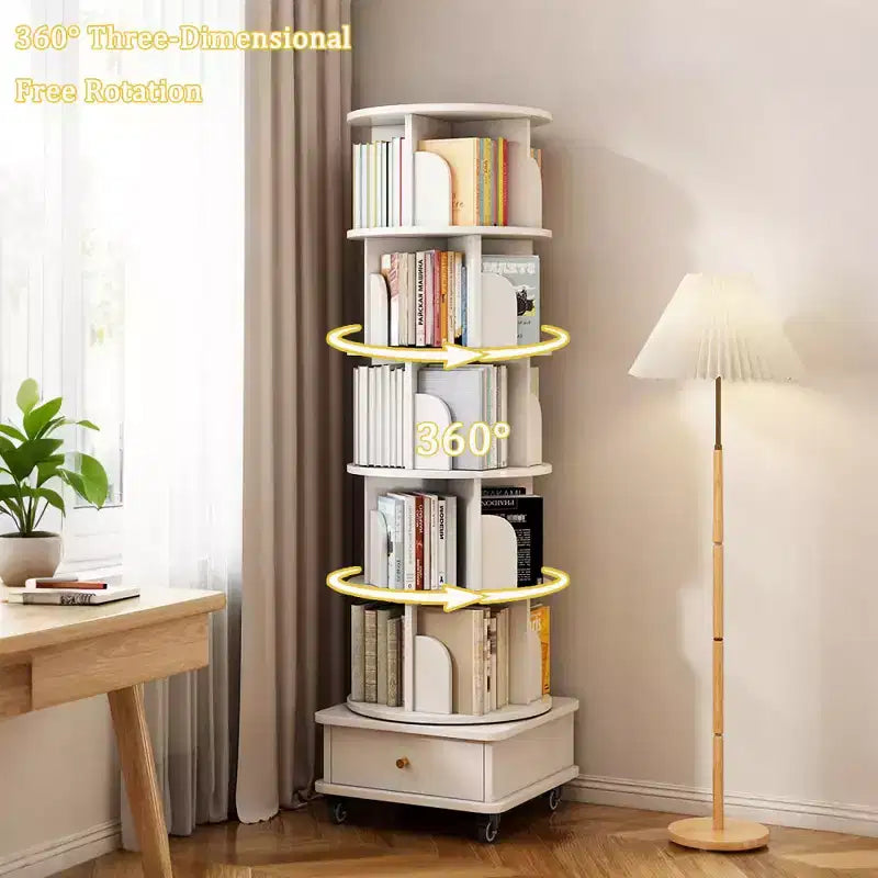 Libreria girevole a 360° a 6 livelli con ruote e cassetto, salvaspazio per camera da letto e ufficio