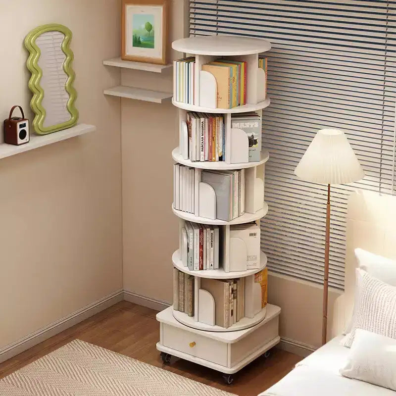 Libreria girevole a 360° a 6 livelli con ruote e cassetto, salvaspazio per camera da letto e ufficio