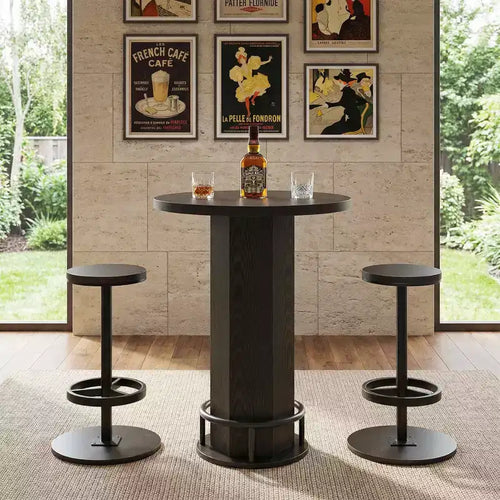 23.62 Tavolo da bistrò rotondo moderno in stile rustico con 2 sgabelli, piano in MDF rustico e base a piedistallo in metallo, tavolo alto da bar da 37.8 con poggiapiedi