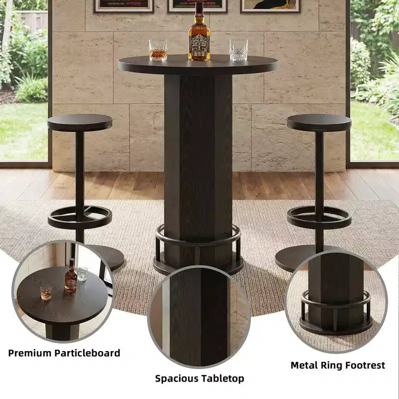 23.62 Tavolo da bistrò rotondo moderno in stile rustico con 2 sgabelli, piano in MDF rustico e base a piedistallo in metallo, tavolo alto da bar da 37.8 con poggiapiedi