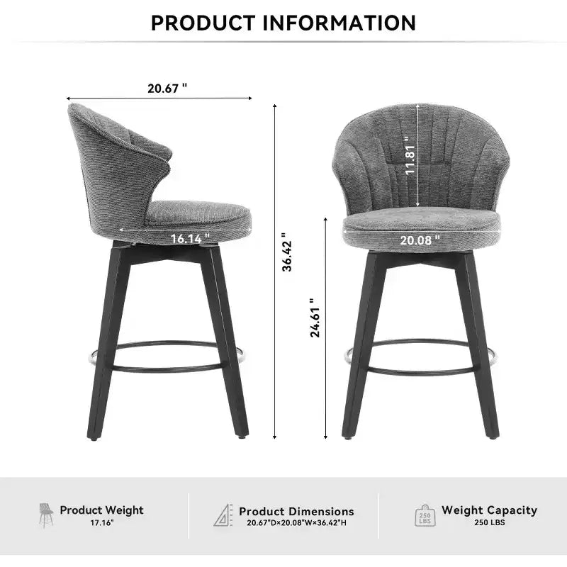 Sgabelli da bar girevoli Wingback 25 con rivestimento in ciniglia, gambe in legno e altezza regolabile