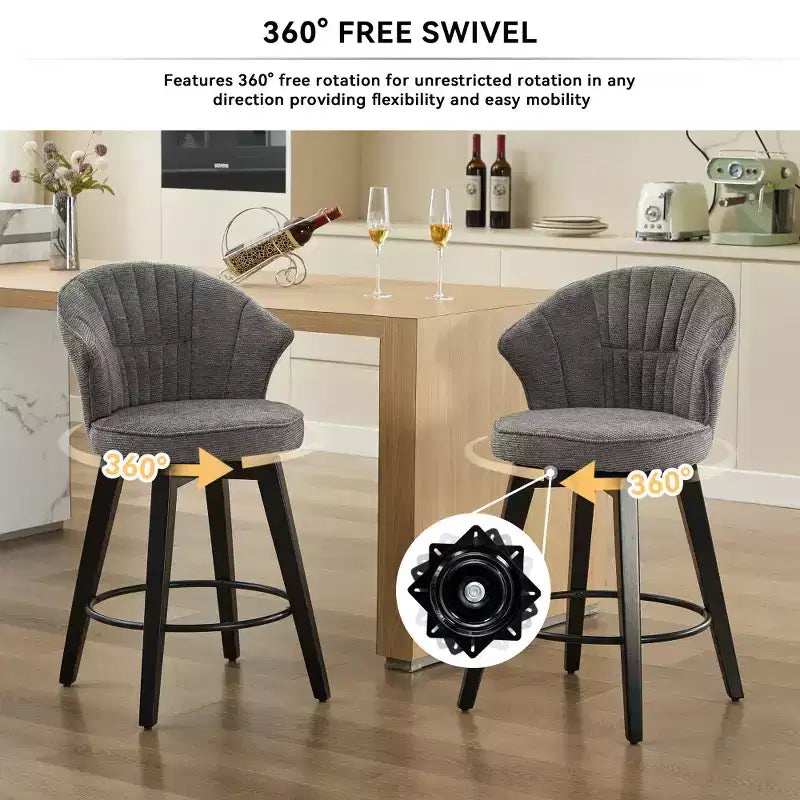 Sgabelli da bar girevoli Wingback 25 con rivestimento in ciniglia, gambe in legno e altezza regolabile