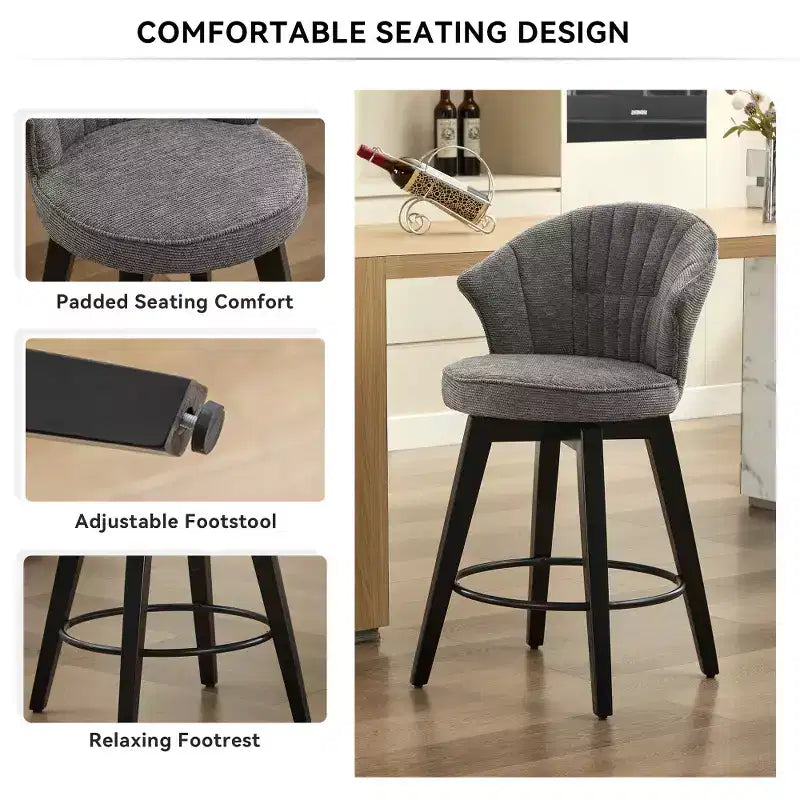 Sgabelli da bar girevoli Wingback 25 con rivestimento in ciniglia, gambe in legno e altezza regolabile