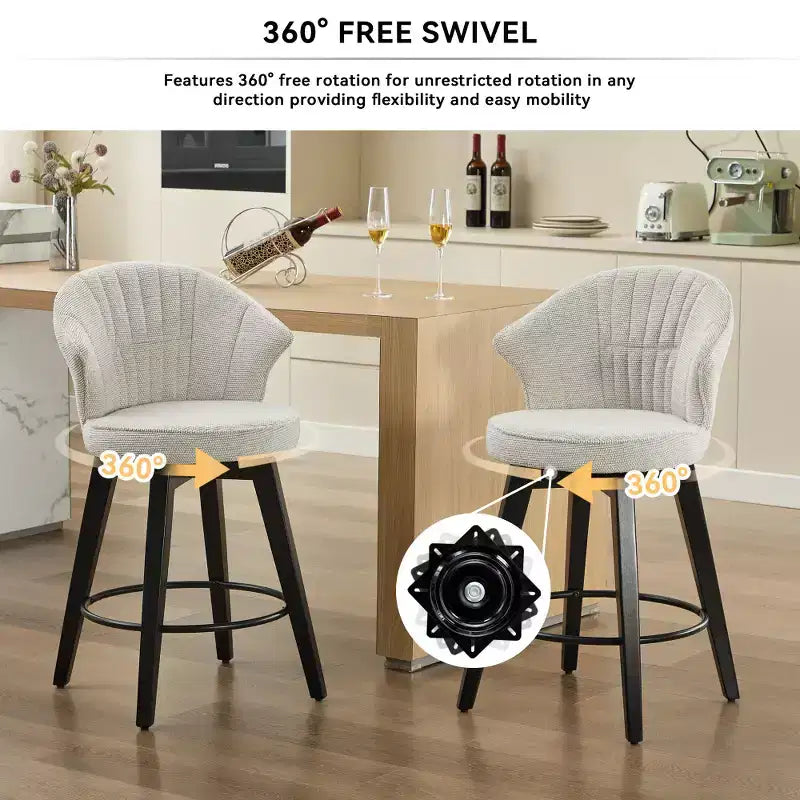 Sgabelli da bar girevoli Wingback 25 con rivestimento in ciniglia, gambe in legno e altezza regolabile