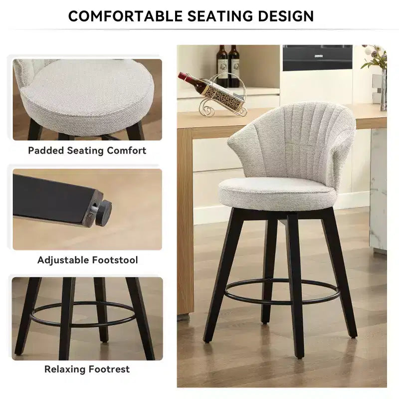 Sgabelli da bar girevoli Wingback 25 con rivestimento in ciniglia, gambe in legno e altezza regolabile