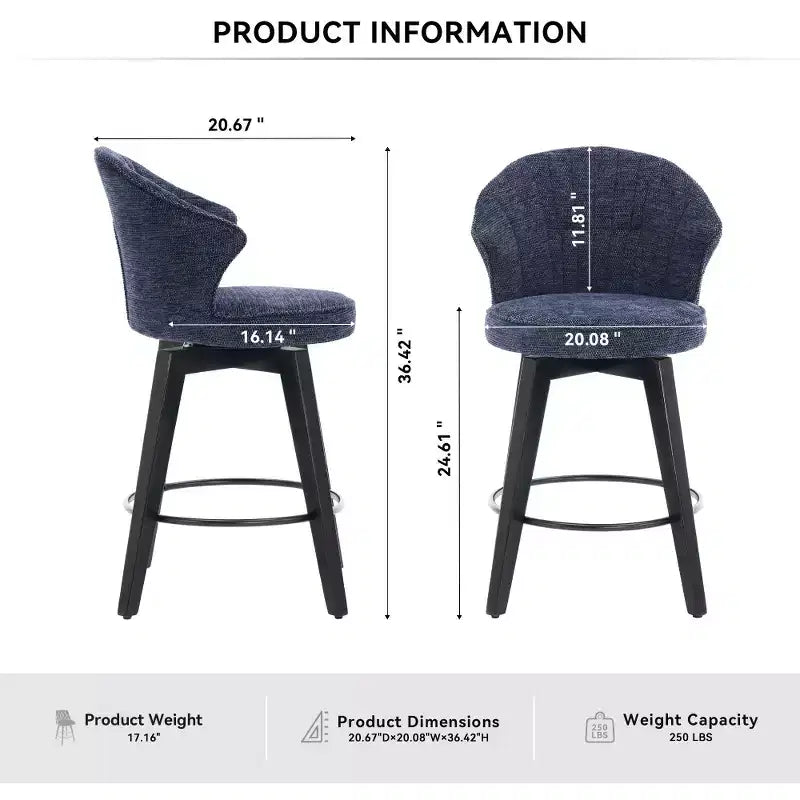 Sgabelli da bar girevoli Wingback 25 con rivestimento in ciniglia, gambe in legno e altezza regolabile