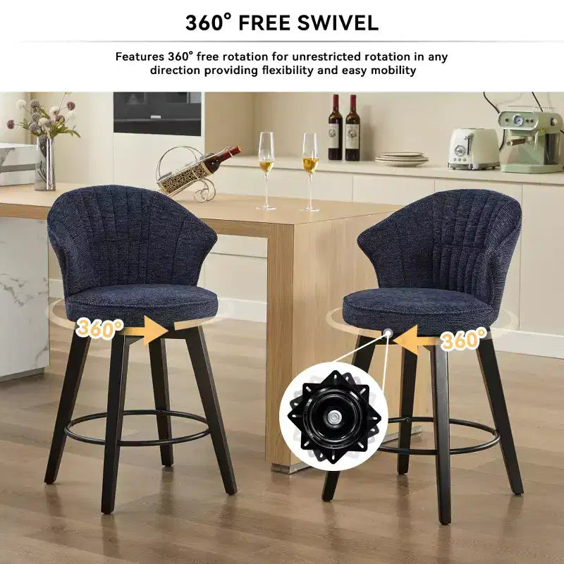 Sgabelli da bar girevoli Wingback 25 con rivestimento in ciniglia, gambe in legno e altezza regolabile