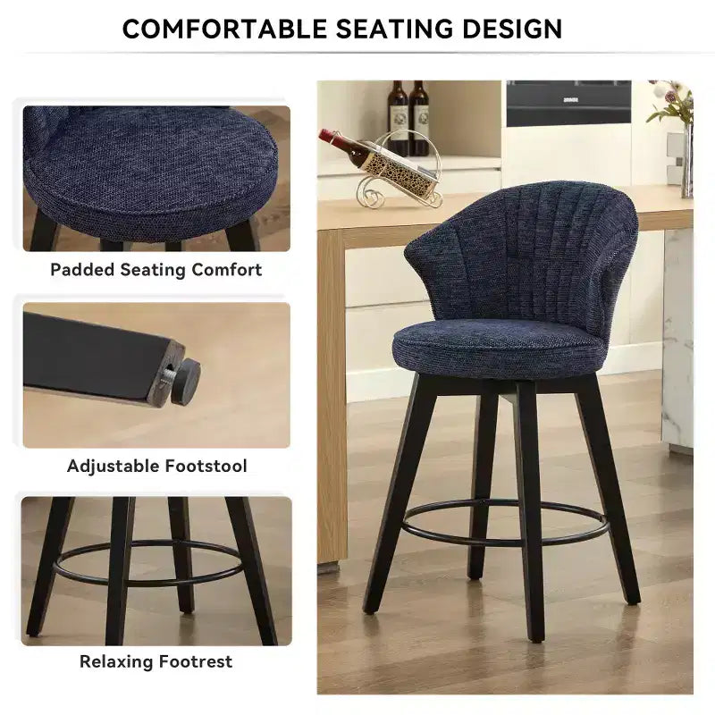 Sgabelli da bar girevoli Wingback 25 con rivestimento in ciniglia, gambe in legno e altezza regolabile