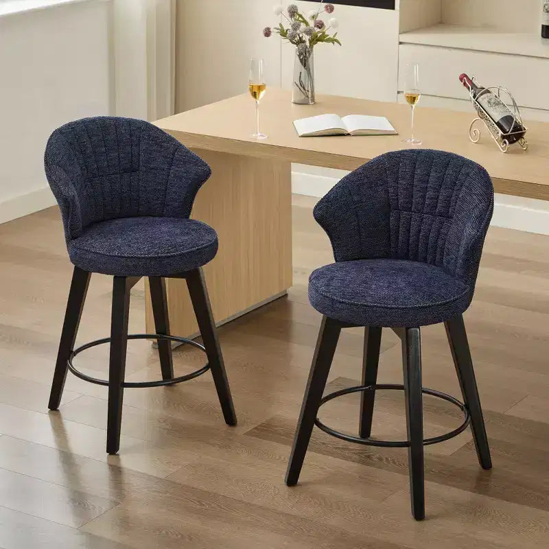 Zeus & Ruta Set of 2 Wingback 25 Swivel Bar Stools with Chenille Upholstery, Wood Legs and Adjustable Height