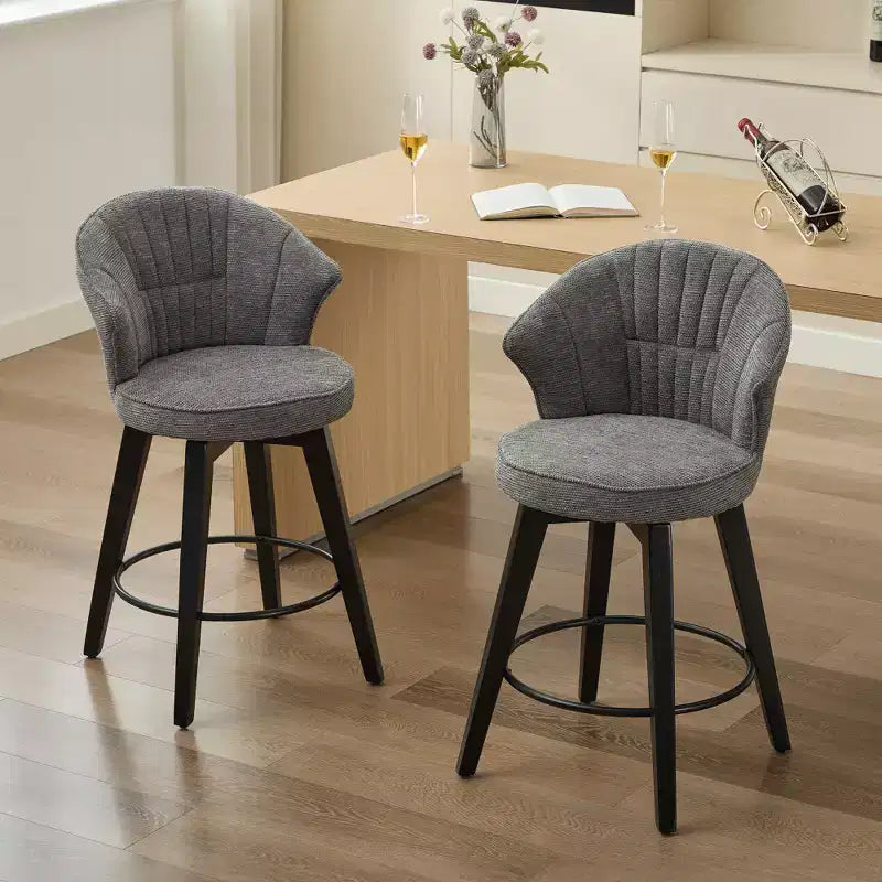 Sgabelli da bar girevoli Wingback 25 con rivestimento in ciniglia, gambe in legno e altezza regolabile