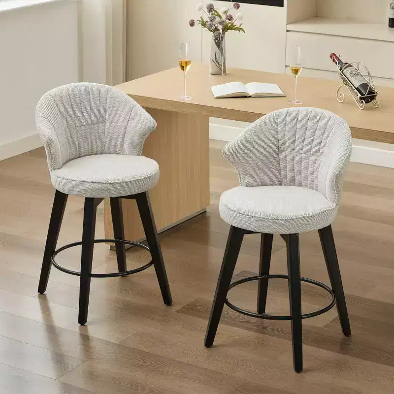 Sgabelli da bar girevoli Wingback 25 con rivestimento in ciniglia, gambe in legno e altezza regolabile