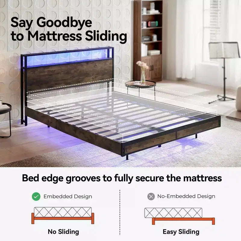 Struttura letto con testiera, base letto a piattaforma con mensole, doghe in metallo, marrone