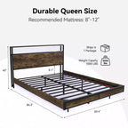 Struttura letto con testiera, base letto a piattaforma con mensole, doghe in metallo, marrone