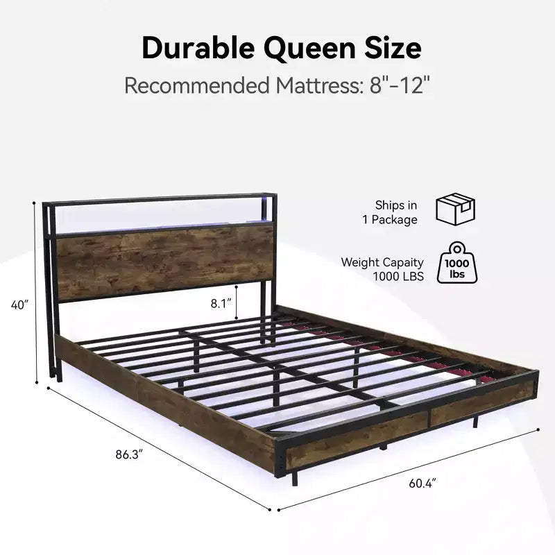 Struttura letto con testiera, base letto a piattaforma con mensole, doghe in metallo, marrone