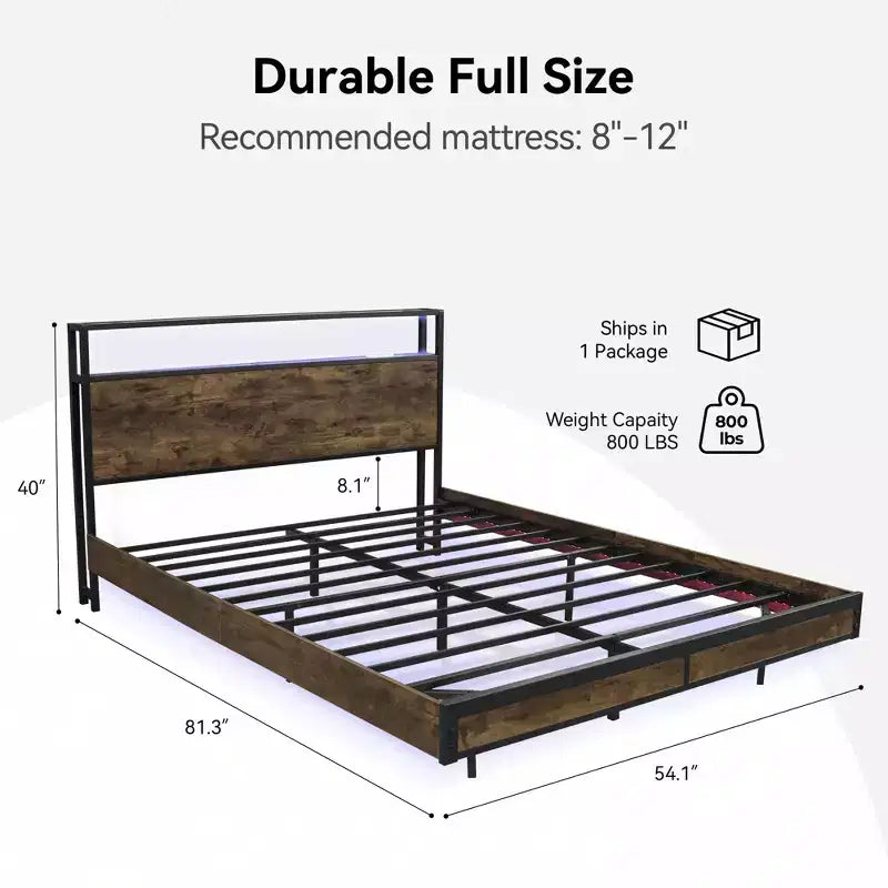 Struttura letto con testiera, base letto a piattaforma con mensole, doghe in metallo, marrone