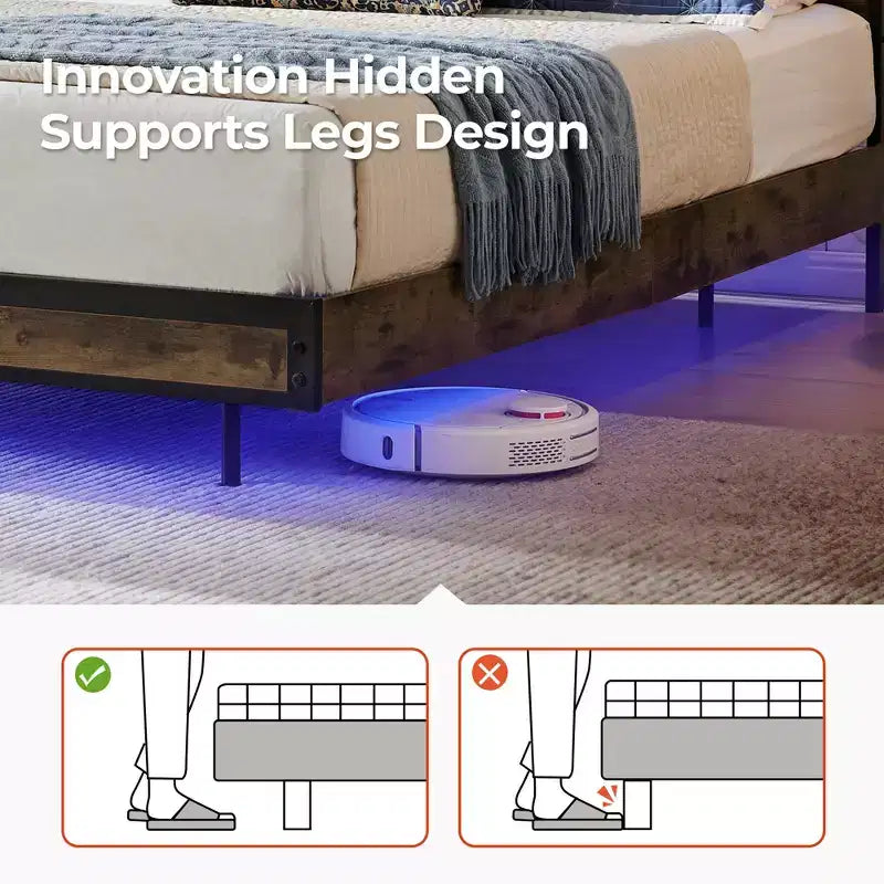 Struttura letto con testiera, base letto a piattaforma con mensole, doghe in metallo, marrone