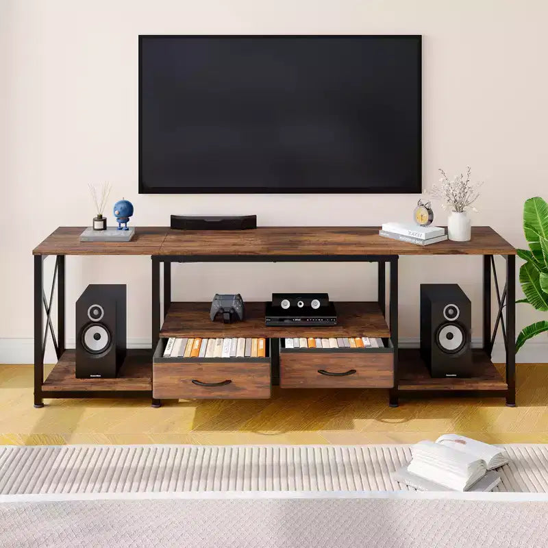 Mobile TV con cassetti in tessuto per TV da 75 70 65 pollici, tavolo console TV, centro di intrattenimento con ripiani aperti per soggiorno, camera da letto, ufficio