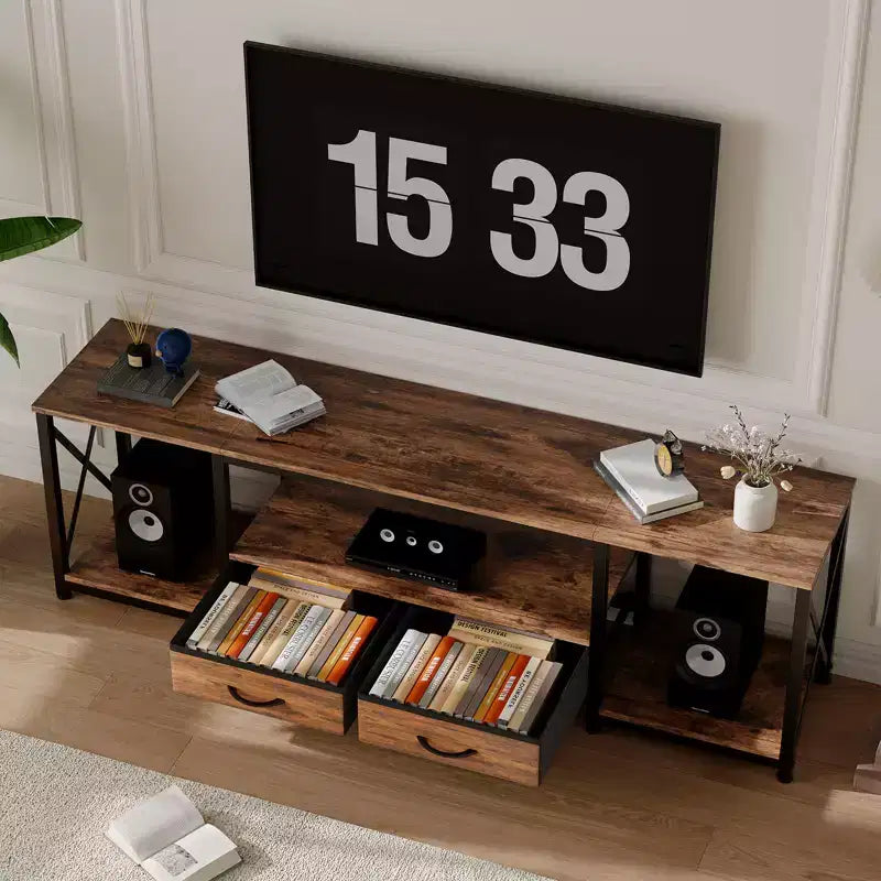 Mobile TV con cassetti in tessuto per TV da 75 70 65 pollici, tavolo console TV, centro di intrattenimento con ripiani aperti per soggiorno, camera da letto, ufficio