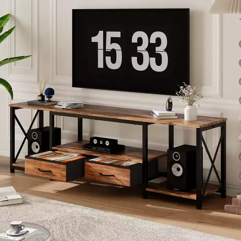 Mobile TV con cassetti in tessuto per TV da 75 70 65 pollici, tavolo console TV, centro di intrattenimento con ripiani aperti per soggiorno, camera da letto, ufficio