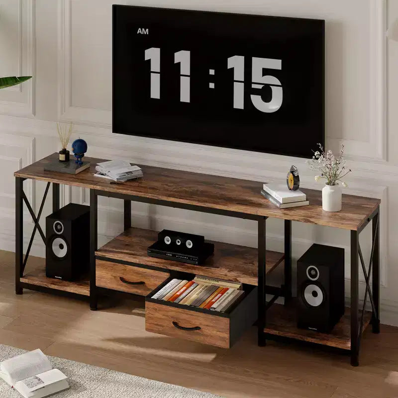 Mobile TV con cassetti in tessuto per TV da 75 70 65 pollici, tavolo console TV, centro di intrattenimento con ripiani aperti per soggiorno, camera da letto, ufficio