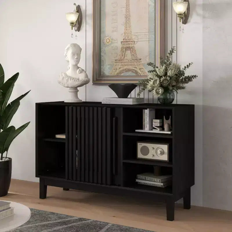 Mobile credenza e porta TV moderno di metà secolo da 47 pollici, madia con ante a persiana scorrevoli, gambe in legno massello