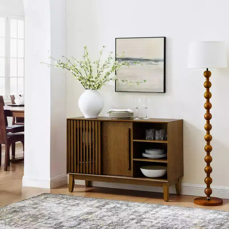 Mobile credenza e porta TV moderno di metà secolo da 47 pollici, madia con ante a persiana scorrevoli, gambe in legno massello