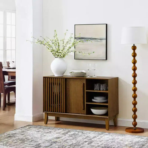 Mobile credenza e porta TV moderno di metà secolo da 47 pollici, madia con ante a persiana scorrevoli, gambe in legno massello
