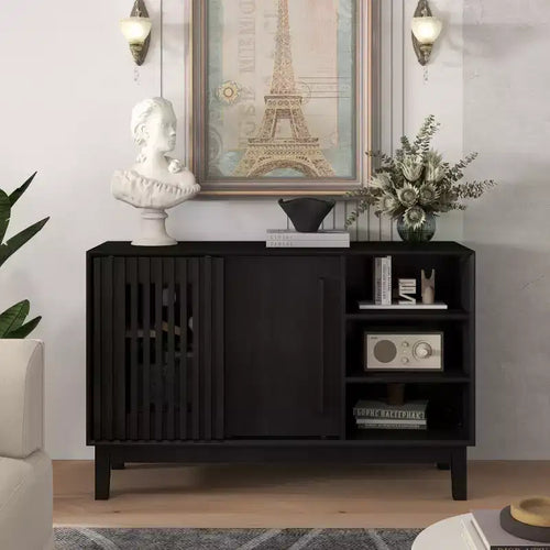 47 Mid-Century Modern Sideboard & TV Stand, Buffet Storage Cabinet with Sliding Slat Door, Solid Wood Legs - Panipeachy